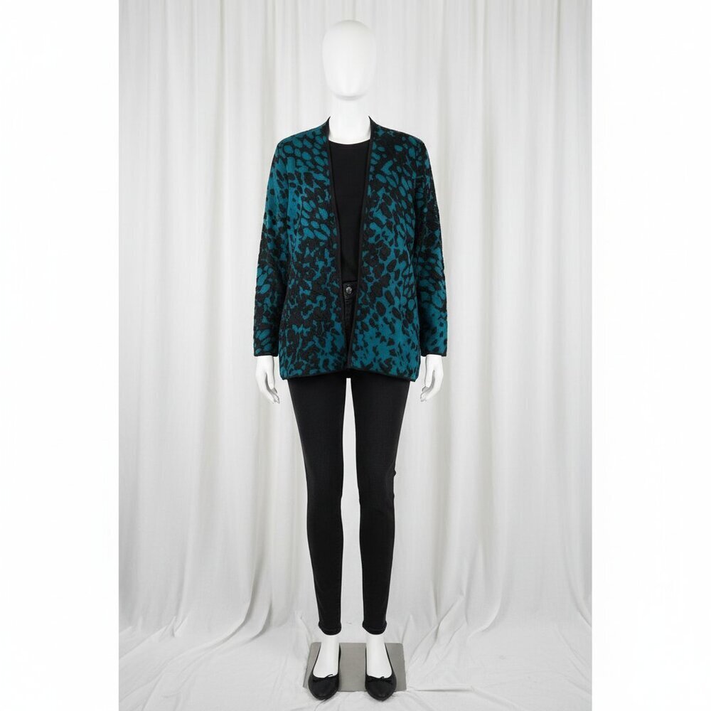 NWOT Chico's Teal & Black Jacquard Open-Front Cardigan Sweater 2 / L - Picture 2 of 14